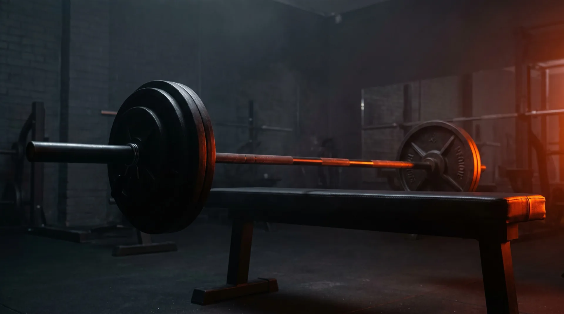 Loaded barbell resting on a flat bench in a dimly lit gym, Flame Orange rim light catching the knurling and plate edges against a deep charcoal background — the visual of a bench press setup ready for a working set
