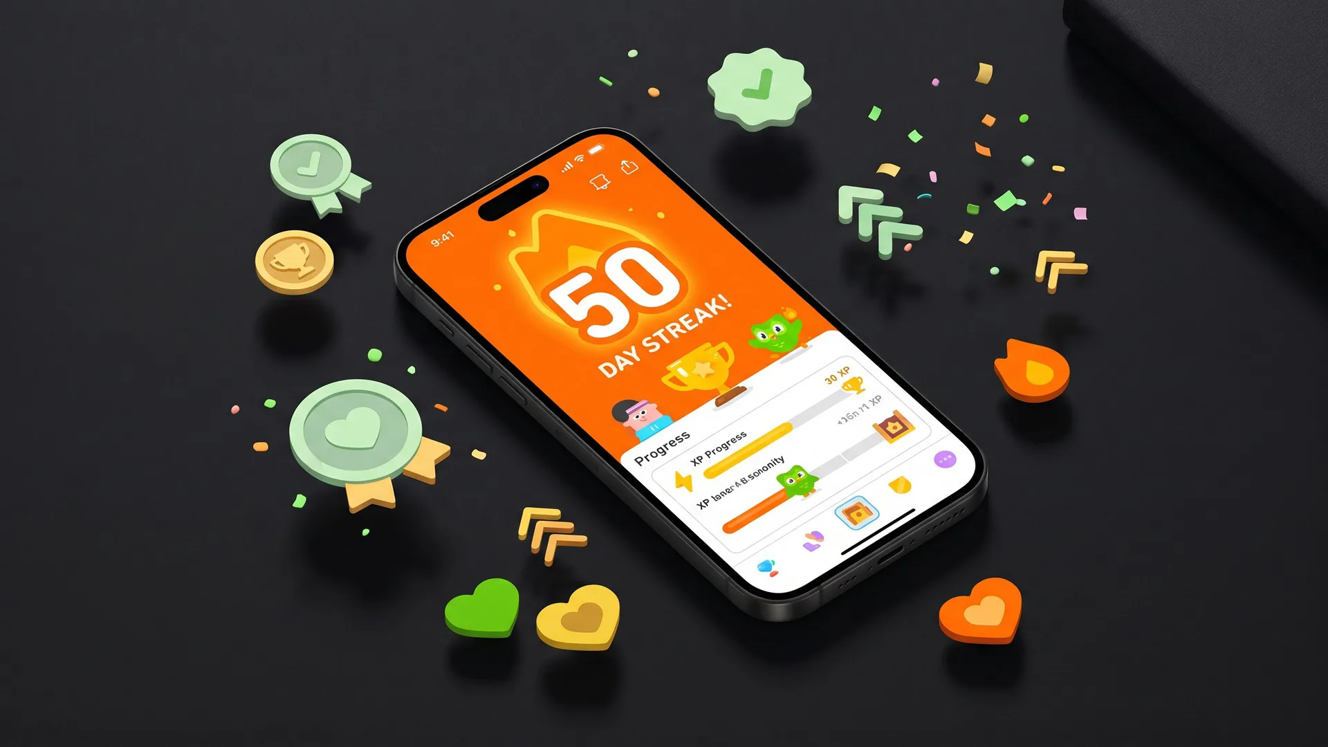 Overhead flat-lay of iPhone showing a gamified streak tracker with XP bars and flame-orange streak number, surrounded by Duolingo-style badges, confetti, and level-up icons on a dark charcoal surface