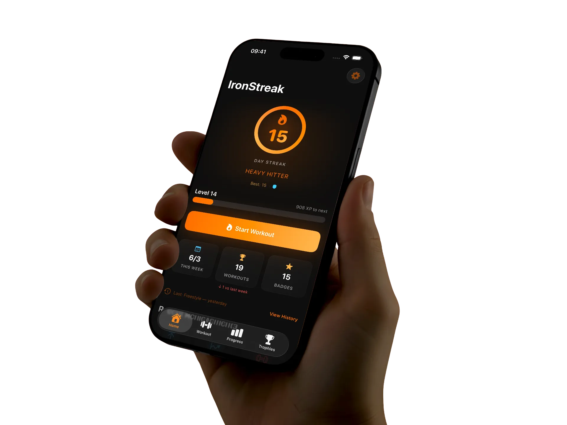 Hand holding iPhone showing IronStreak home dashboard with streak ring, XP progress, and workout stats — a visual streak tracker for gym consistency