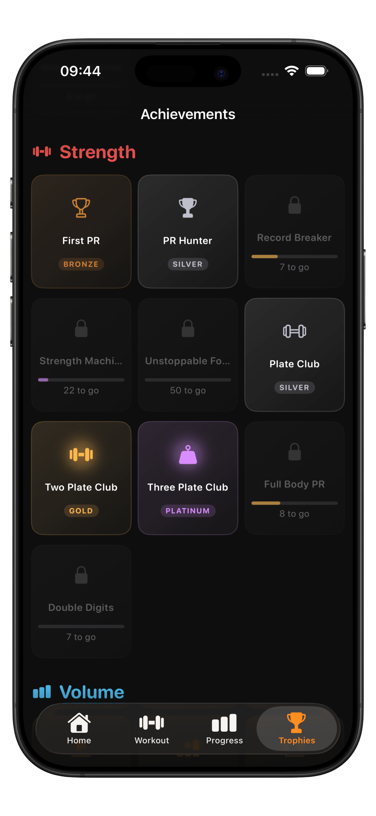 IronStreak achievements screen showing Bronze, Silver, Gold, and Platinum trophy tiers