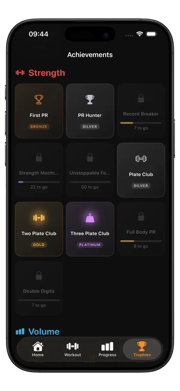 IronStreak achievements grid showing bronze, silver, gold, and platinum trophies