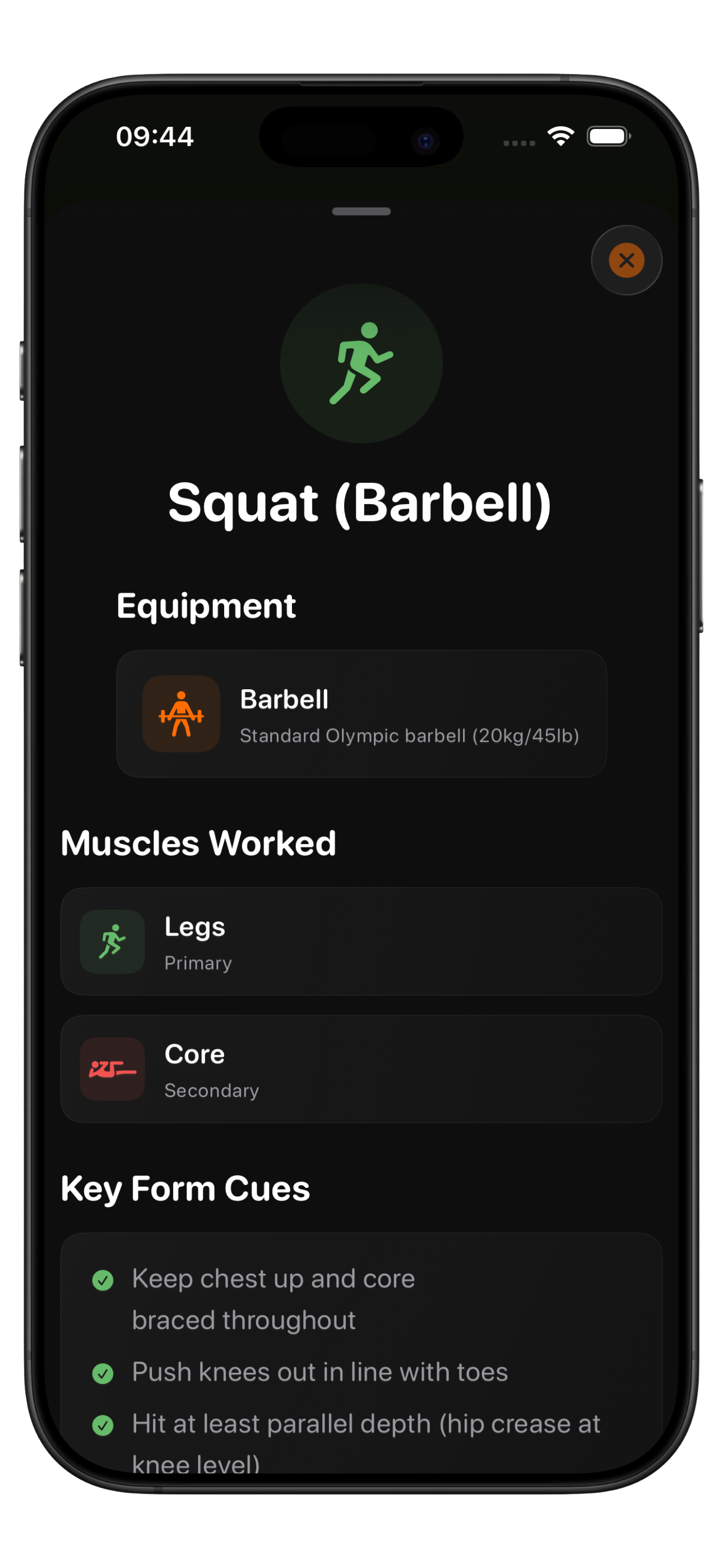 IronStreak exercise info screen showing form cues and common mistakes for a strength exercise — in-app form guide accessible mid-workout