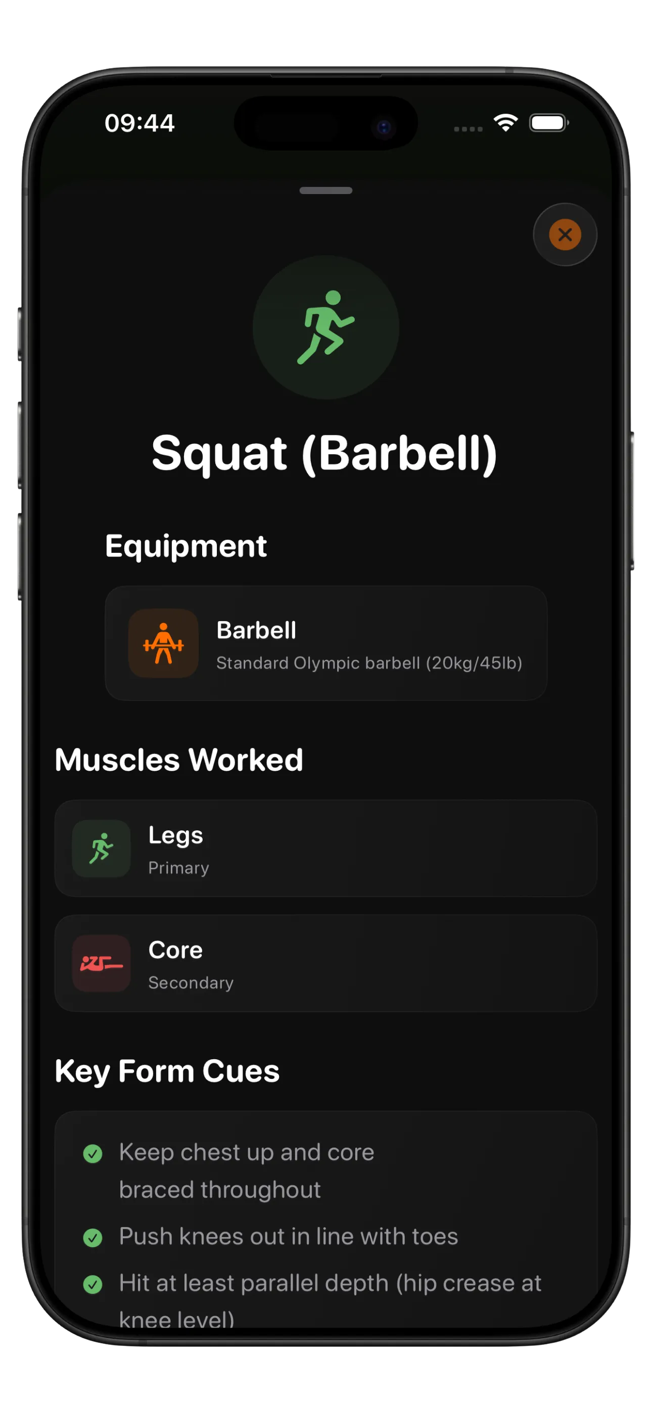 IronStreak exercise info screen showing form cues and common mistakes for a strength exercise — in-app form guide accessible mid-workout