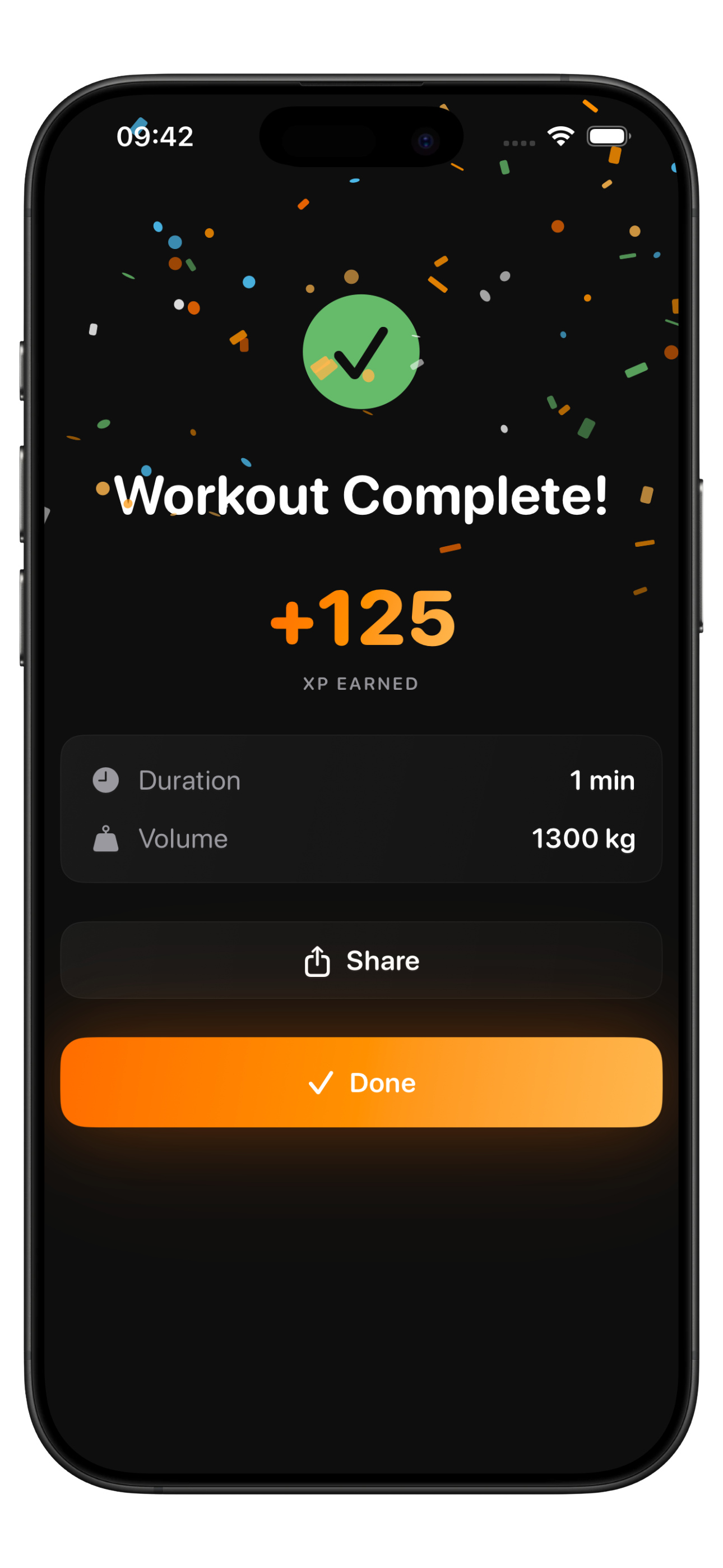 IronStreak workout summary screen showing completed PPL session with volume stats, new PRs, and XP earned