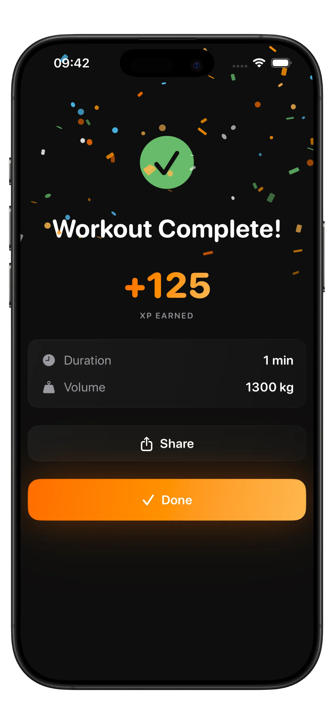 IronStreak workout complete screen showing XP earned, duration, and volume stats