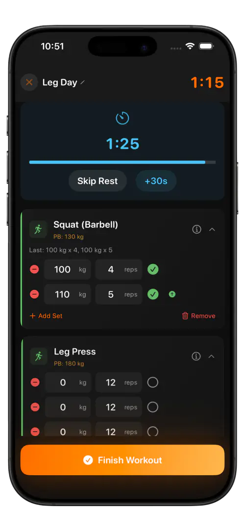 IronStreak active workout screen with set logging, rest timer, and exercise cards