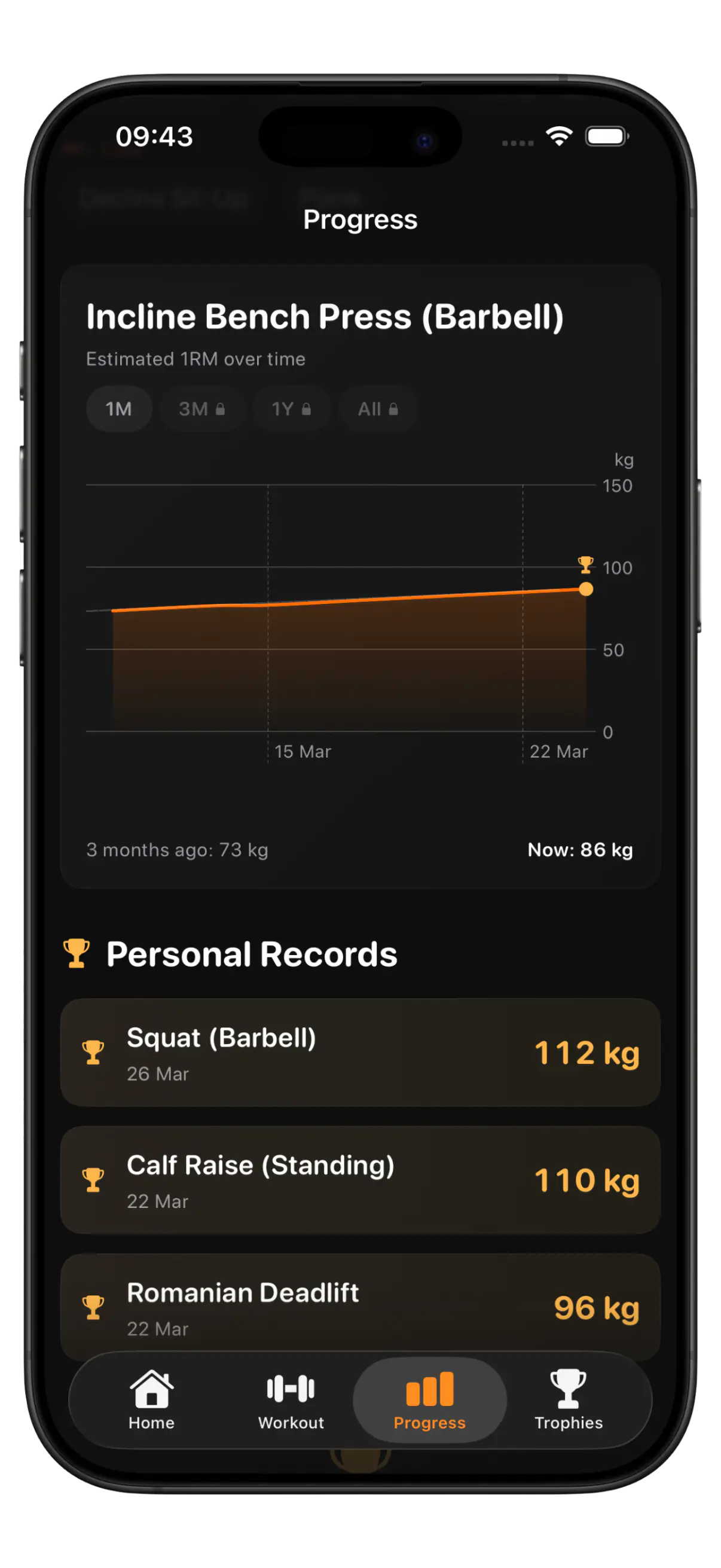 IronStreak progress screen showing estimated 1RM chart over time and PR board for tracking progressive overload