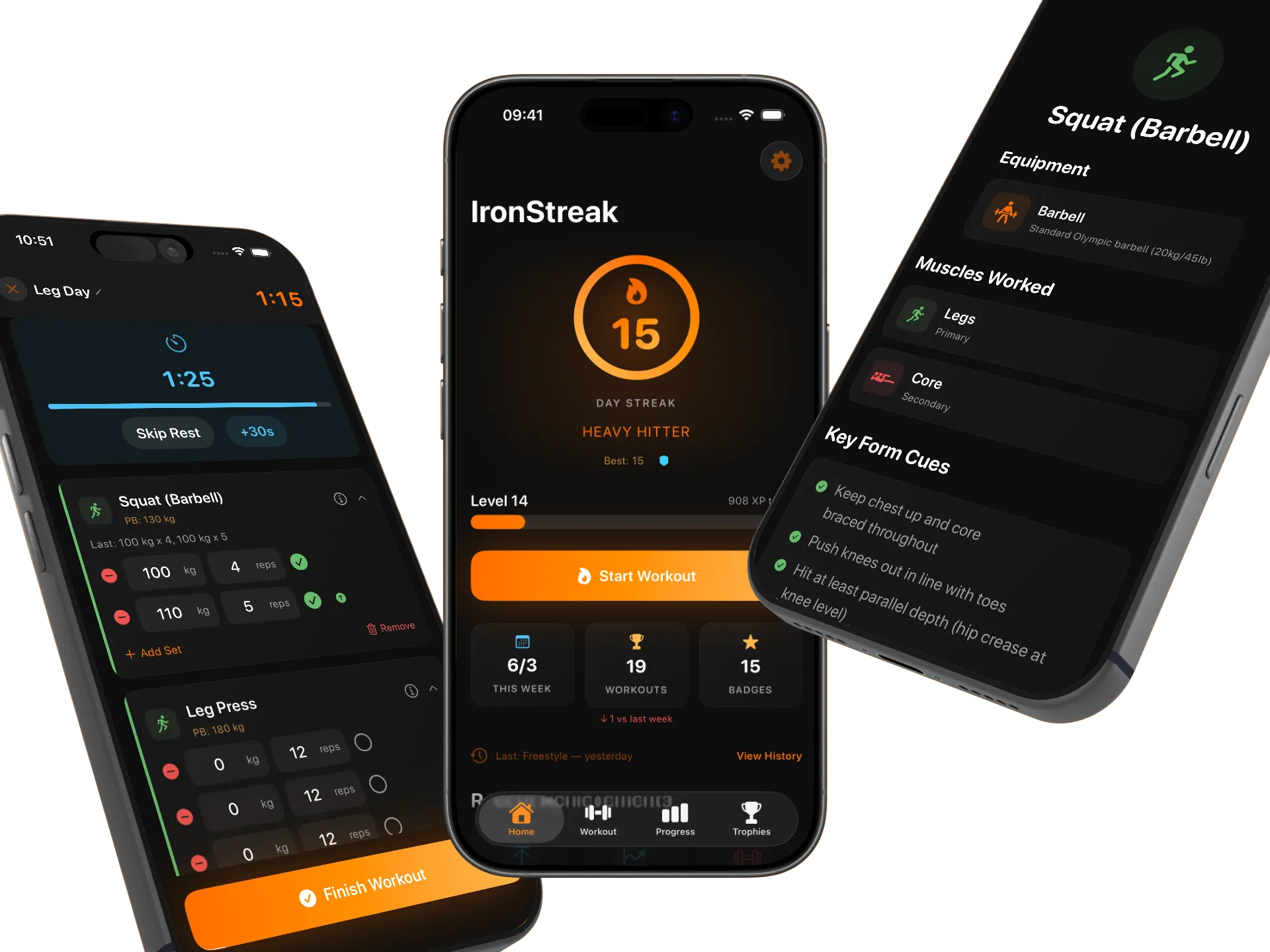IronStreak workout tracking, home dashboard, and exercise info screens in iPhone mockups