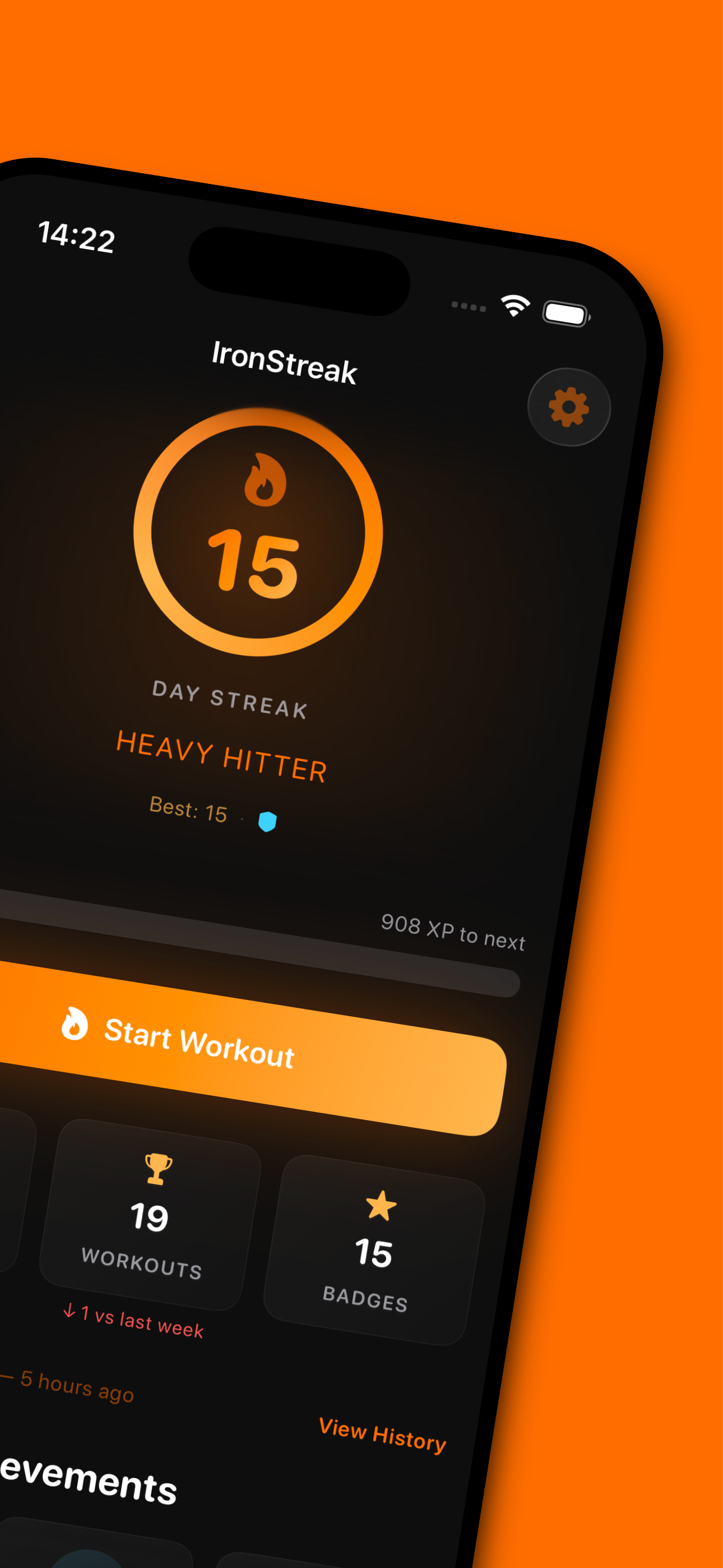 IronStreak dashboard showing streak ring and workout stats
