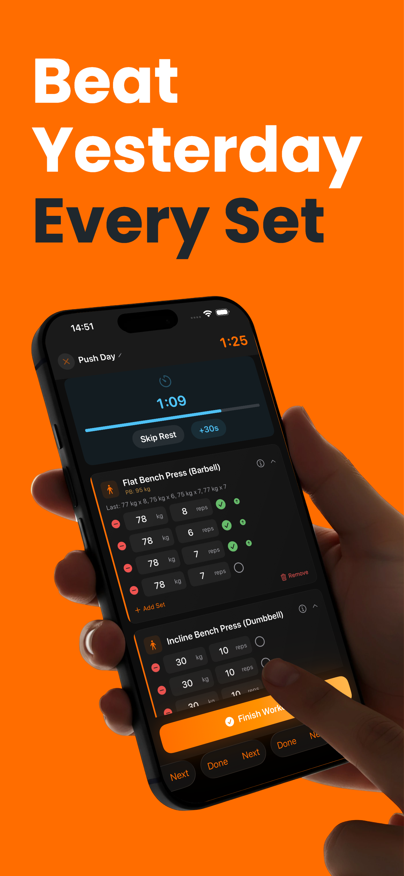 IronStreak active workout screen with set logging
