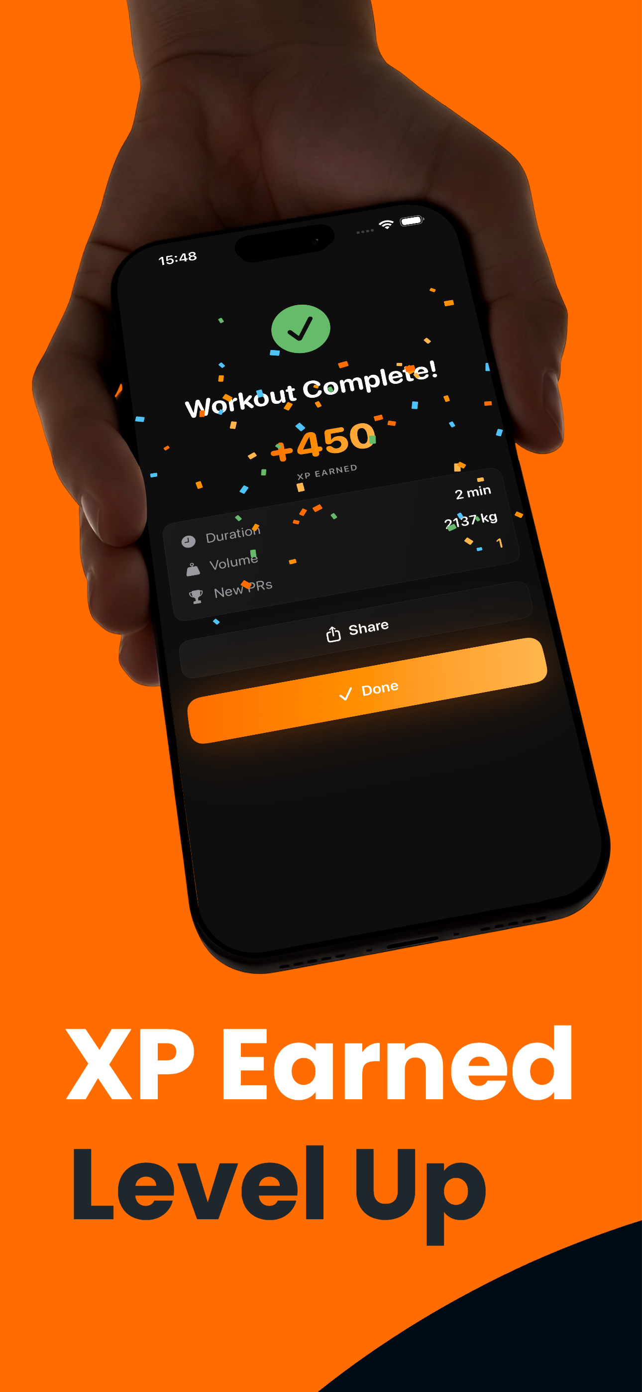 IronStreak workout complete screen showing XP earned, duration, and volume stats
