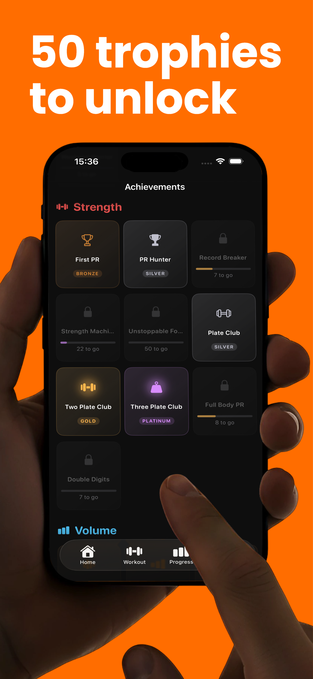 IronStreak achievements grid with bronze, silver, gold, and platinum trophies